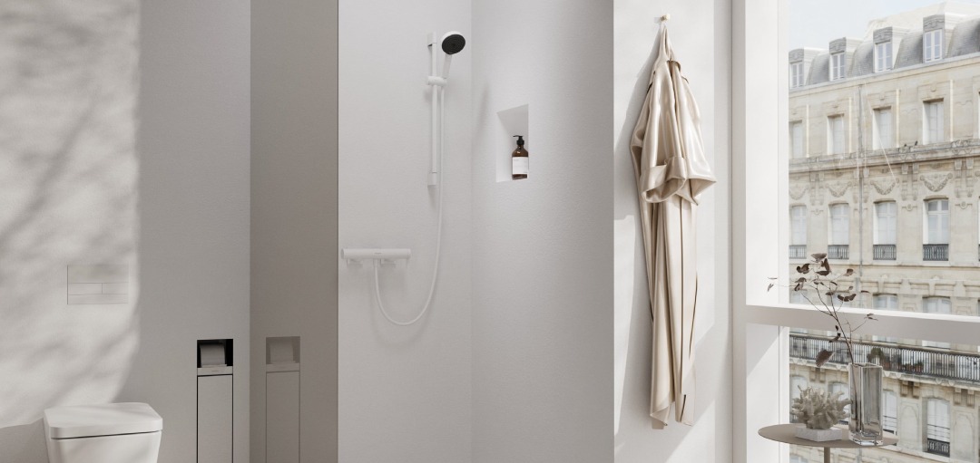 Découvrez le siphon de douche RainDrain Point et la niche murale XtraStoris Rock de Hansgrohe